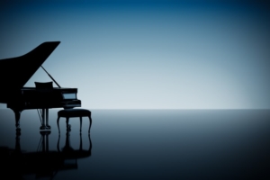 Black Silhouette of a Grand Piano with Its Lid Open and a Stool.